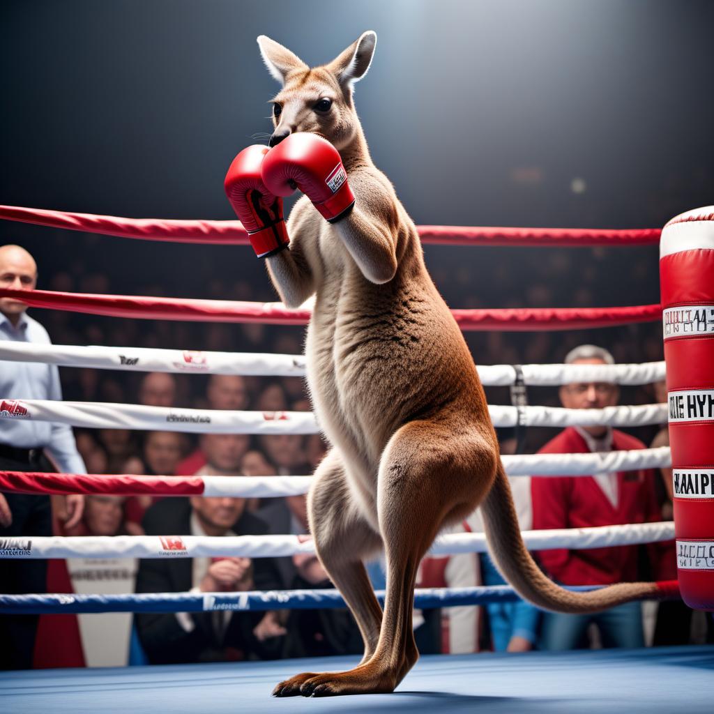  A dynamic and lively scene of a boxing kangaroo. The kangaroo is wearing red boxing gloves and is captured mid-punch in an action pose. The background is a simple boxing ring with some spectators in the background, cheering. The lighting is bright, highlighting the kangaroo's muscular physique and energetic expression. hyperrealistic, full body, detailed clothing, highly detailed, cinematic lighting, stunningly beautiful, intricate, sharp focus, f/1. 8, 85mm, (centered image composition), (professionally color graded), ((bright soft diffused light)), volumetric fog, trending on instagram, trending on tumblr, HDR 4K, 8K