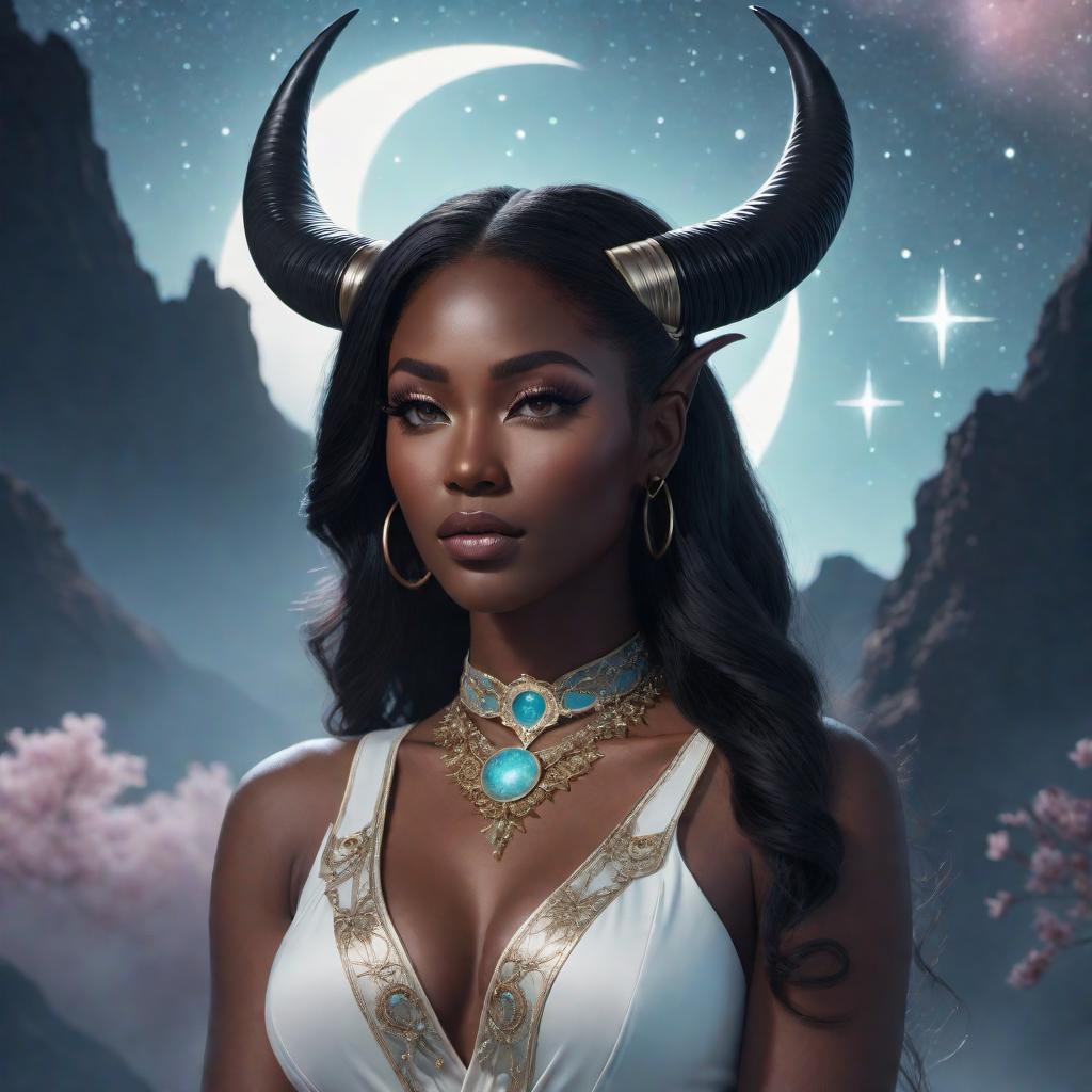  A black female Capricorn fantasy character with horns, illustrated in a lofi style. The character should have a serene, almost ethereal presence, with cosmic elements like stars and a crescent moon incorporated into the background. The color palette should include soft, muted tones with a dreamy, nostalgic aesthetic. The overall mood should be relaxing and calming, embodying the chill vibes typical of lofi art. hyperrealistic, full body, detailed clothing, highly detailed, cinematic lighting, stunningly beautiful, intricate, sharp focus, f/1. 8, 85mm, (centered image composition), (professionally color graded), ((bright soft diffused light)), volumetric fog, trending on instagram, trending on tumblr, HDR 4K, 8K