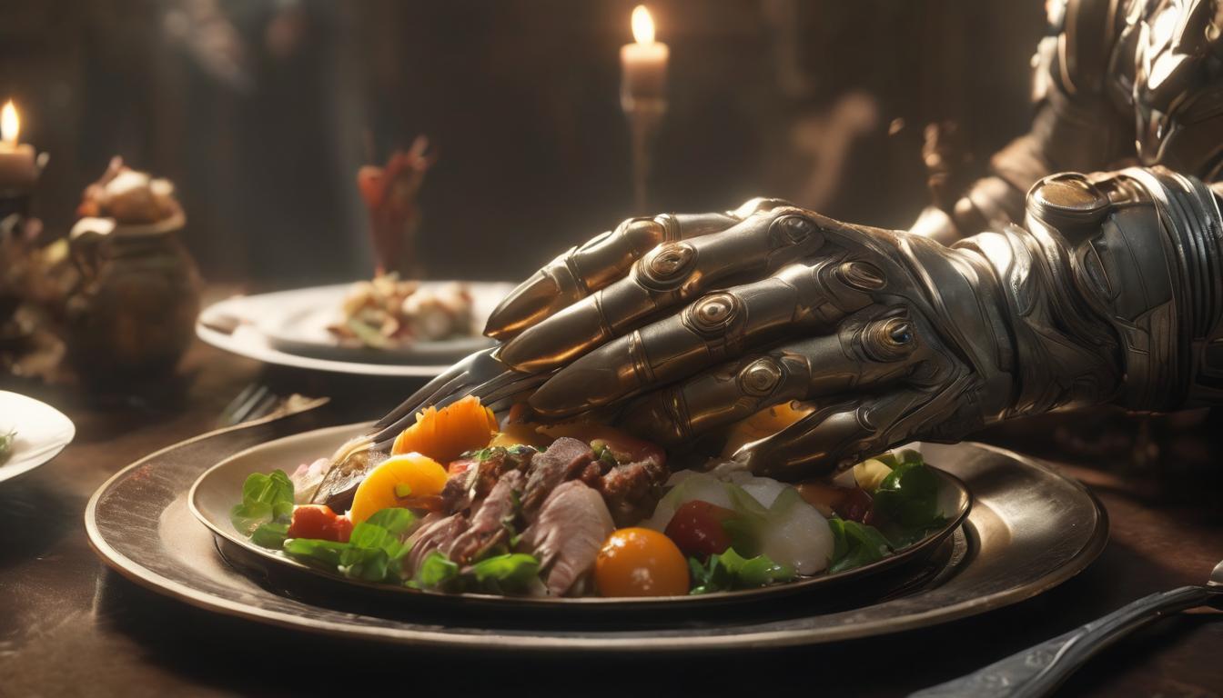  hyperrealism,fantasy aestheticA close up of a hand holding a fork, poised over a plate of food, detailed textures of the food, soft natural light from the side, warm ambiance, sense of satisfaction and self sufficiency, high tech clothing clad in sleek, futuristic costume with metallic accents and form fitting designs, marvel superhero comics style, unreal engine rendering