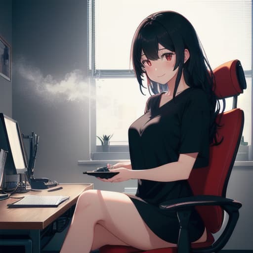   1girl, solo, anime named Emi, black long hair, in an office, sitting on a chair, wearing black shirt, looking at the viewer, red eyes, smiling. hyperrealistic, full body, detailed clothing, highly detailed, cinematic lighting, stunningly beautiful, intricate, sharp focus, f/1. 8, 85mm, (centered image composition), (professionally color graded), ((bright soft diffused light)), volumetric fog, trending on instagram, trending on tumblr, HDR 4K, 8K