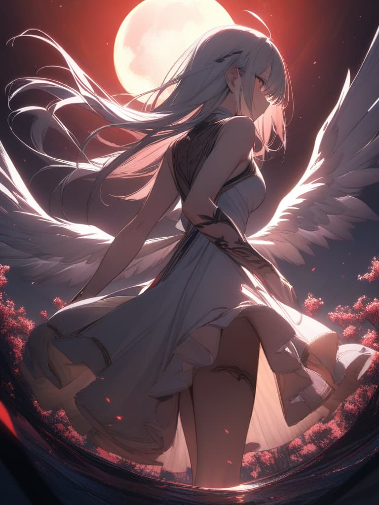  Angel and demon , angel and demon , , red moon, night sky, masterpiece, best quality,8k,ultra detailed,high resolution,an extremely delicate and beautiful,hyper detail