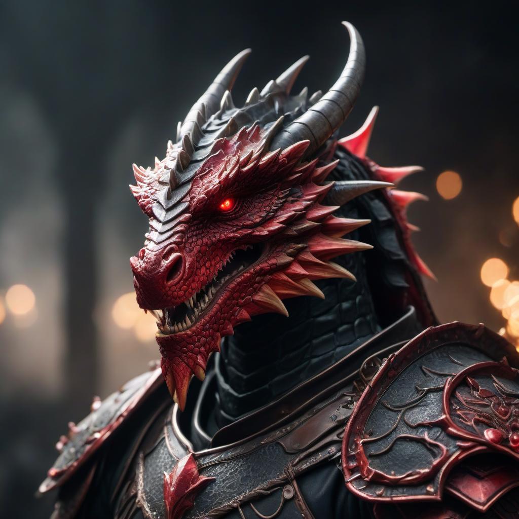  cinematic photo A dragonborn dragon with red scales in black armor. . 35mm photograph, film, bokeh, professional, 4k, highly detailed, hkmagic hyperrealistic, full body, detailed clothing, highly detailed, cinematic lighting, stunningly beautiful, intricate, sharp focus, f/1. 8, 85mm, (centered image composition), (professionally color graded), ((bright soft diffused light)), volumetric fog, trending on instagram, trending on tumblr, HDR 4K, 8K