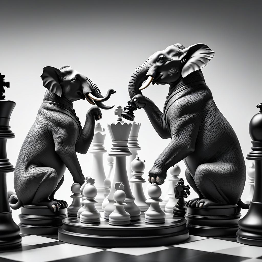  line art drawing Create as chess figurines elephants fighting on the board, on a white background in black and white style. . professional, sleek, modern, minimalist, graphic, line art, vector graphics hyperrealistic, full body, detailed clothing, highly detailed, cinematic lighting, stunningly beautiful, intricate, sharp focus, f/1. 8, 85mm, (centered image composition), (professionally color graded), ((bright soft diffused light)), volumetric fog, trending on instagram, trending on tumblr, HDR 4K, 8K