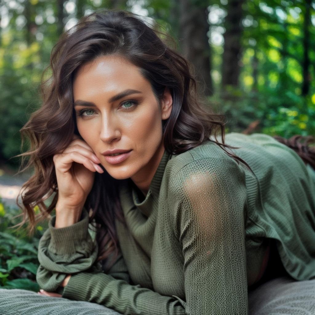  (meganfox:0.5), (Brittney Murphy:0.5), mature women, dark brown wavy hair, light green eyes, outdoors, twilight, panorama, lying down hyperrealistic, full body, detailed clothing, highly detailed, cinematic lighting, stunningly beautiful, intricate, sharp focus, f/1. 8, 85mm, (centered image composition), (professionally color graded), ((bright soft diffused light)), volumetric fog, trending on instagram, trending on tumblr, HDR 4K, 8K