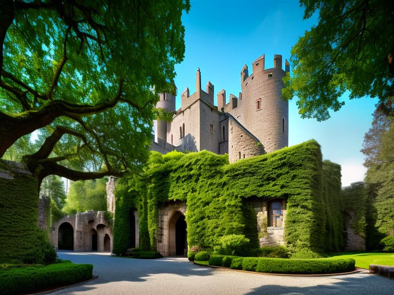 dvarchmodern An ancient castle with towers and massive oak gates at the entrance, a road leads to it, everything is green, spring hyperrealistic, full body, detailed clothing, highly detailed, cinematic lighting, stunningly beautiful, intricate, sharp focus, f/1. 8, 85mm, (centered image composition), (professionally color graded), ((bright soft diffused light)), volumetric fog, trending on instagram, trending on tumblr, HDR 4K, 8K