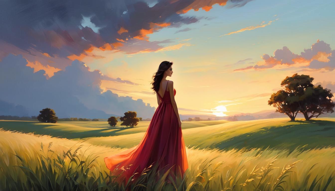  oil paintingAttractive woman standing alone in a quiet field at dusk, her silhouette against a fading sunset, wearing a simple, elegant gown, a gentle breeze flowing, mood of solitude and stillness.(energetic brushwork, bold vibrant colors, expressive, emotional,bold brush, oil stroke, raw, emotional, dynamic, distortion for emotional effect, detailed,beautiful, loose brushwork, light and shadow play, captures feeling over form, balanced color