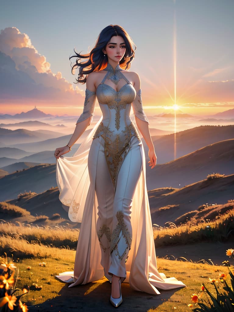  Sunrise Impression, Monet hyperrealistic, full body, detailed clothing, highly detailed, cinematic lighting, stunningly beautiful, intricate, sharp focus, f/1. 8, 85mm, (centered image composition), (professionally color graded), ((bright soft diffused light)), volumetric fog, trending on instagram, trending on tumblr, HDR 4K, 8K