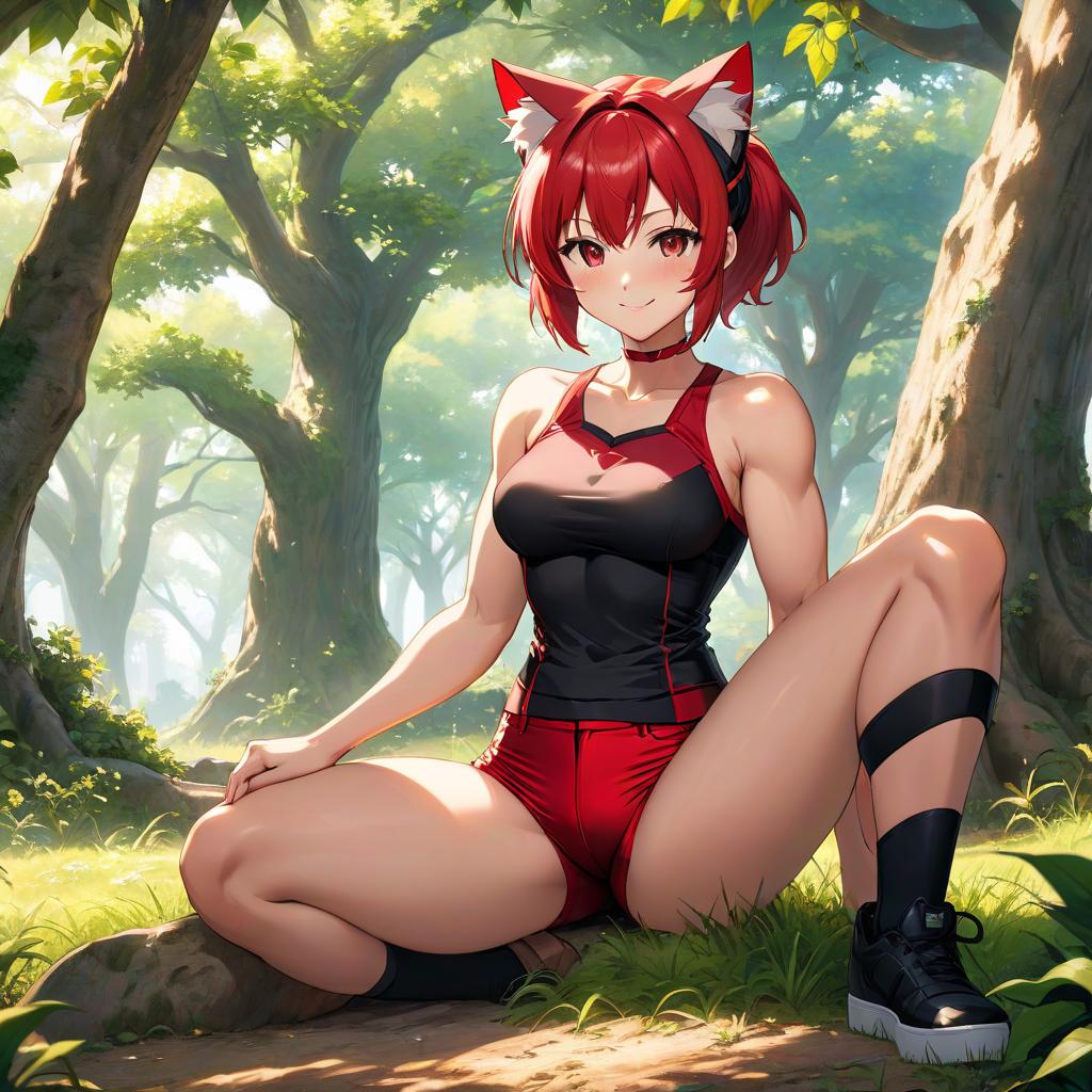  anime artwork A nine yea with a beautiful face, wearing a tight and black red top, ideal body shape, big s and , red black shorts, cat ears, smiling, sitting under a tree, muscular body. . anime style, key visual, vint, studio anime, highly detailed hyperrealistic, full body, detailed clothing, highly detailed, cinematic lighting, stunningly beautiful, intricate, sharp focus, f/1. 8, 85mm, (centered image composition), (professionally color graded), ((bright soft diffused light)), volumetric fog, trending on instagram, trending on tumblr, HDR 4K, 8K