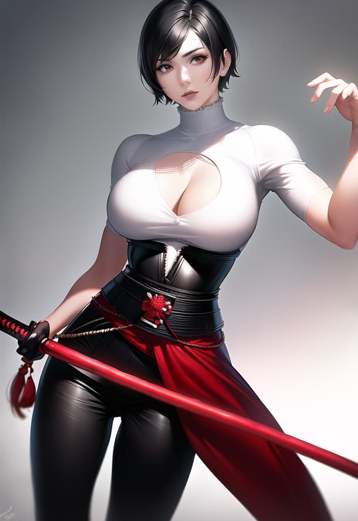  black hair, very short hair, woman, older sister, mature, white dress shirt, red corset, black leather pants, long Japanese sword, muscular, accurate eyes, accurate hands, Japanese armor on shoulders and arms, (Masterpiece, BestQuality:1.3), (ultra detailed:1.2), (hyperrealistic:1.3), (RAW photo:1.2),High detail RAW color photo, professional photograph, (Photorealistic:1.4), (realistic:1.4), ,professional lighting, (japanese), beautiful face, (realistic face)