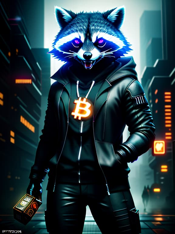  A hacker raccoon with a grin holds a broken bitcoin in his paws, energetic, enthusiastic, digital cinematic art, night, screen, digital code, cyberpunk, virtual, super angry face. hyperrealistic, full body, detailed clothing, highly detailed, cinematic lighting, stunningly beautiful, intricate, sharp focus, f/1. 8, 85mm, (centered image composition), (professionally color graded), ((bright soft diffused light)), volumetric fog, trending on instagram, trending on tumblr, HDR 4K, 8K