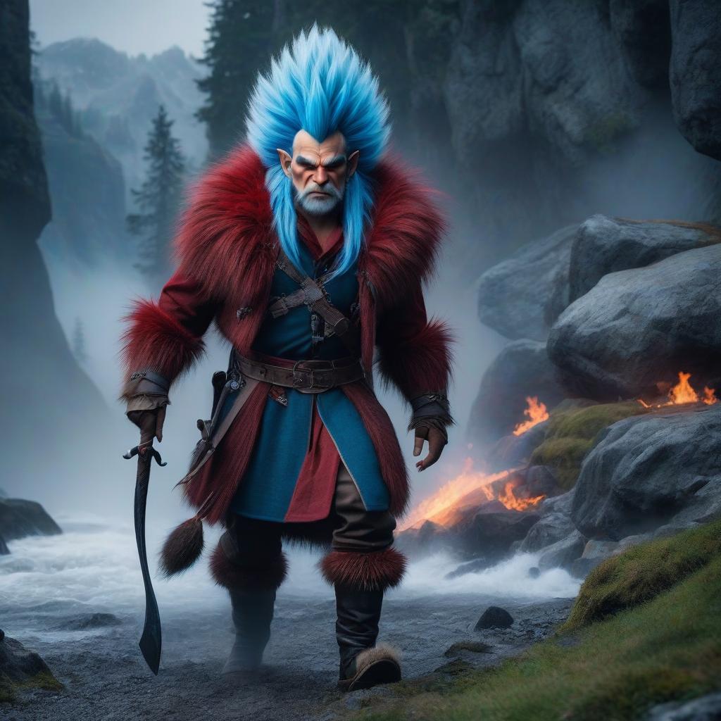  A troll, with a red skin, in a bone helmet, in a fur coat, with two axes in his hands, with blue hair. hyperrealistic, full body, detailed clothing, highly detailed, cinematic lighting, stunningly beautiful, intricate, sharp focus, f/1. 8, 85mm, (centered image composition), (professionally color graded), ((bright soft diffused light)), volumetric fog, trending on instagram, trending on tumblr, HDR 4K, 8K