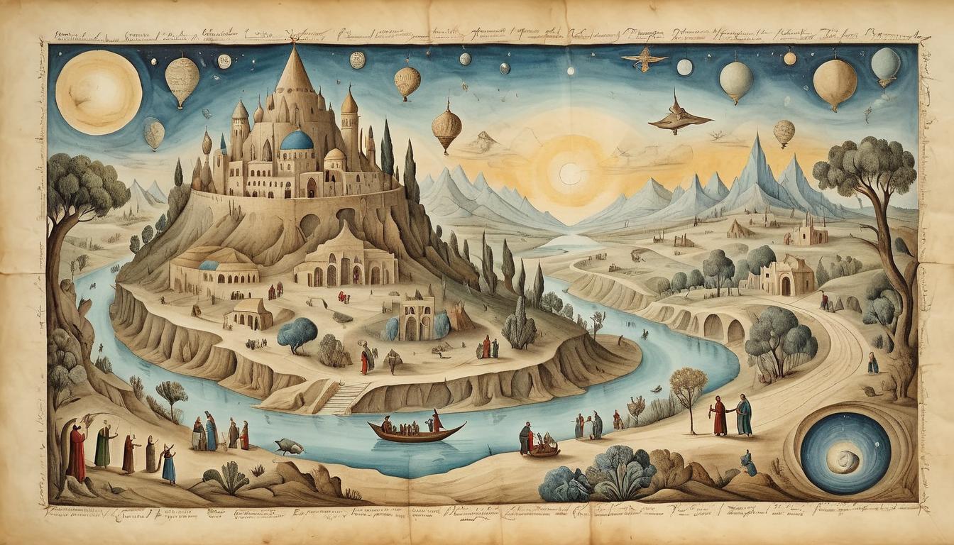  on parchment, surrealism+++, A sequence of dream scenes that depict Joseph's journey, from dreaming youth to powerful leader, interconnected, significant(mysterious, provocative, symbolic,muted color)+++