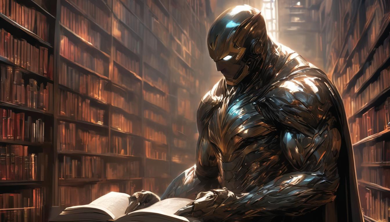  hyperrealism,fantasy aestheticA figure surrounded by tall bookshelves in a dimly lit library, each book spine detailed, sense of absorption and scholarly pursuit, shadows and highlights for dramatic effect, high tech clothing clad in sleek, futuristic costume with metallic accents and form fitting designs, marvel superhero comics style, unreal engine rendering