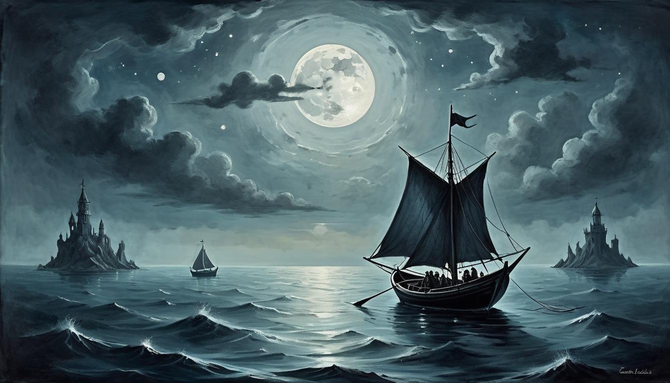  on parchment, surrealism+++, A small boat on a vast, dark ocean, moonlight casting a silver glow on the water, unknown horizon, daring, adventurous(mysterious, provocative, symbolic,muted color)+++