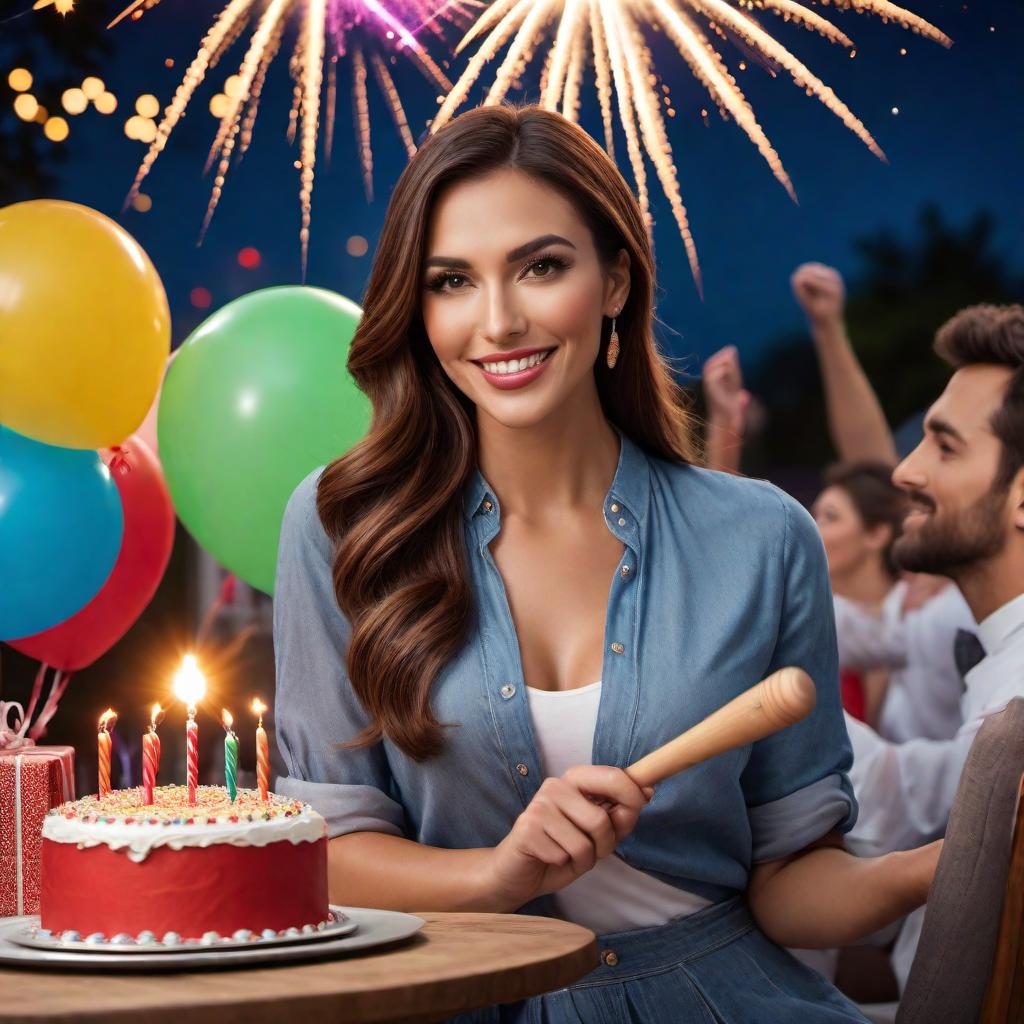  Transform the image of a person sitting on a couch indoors holding a baseball bat into an outdoor birthday party scene. The individual in the new image should closely resemble the person in the original picture. Include the person lighting fireworks, a birthday cake with candles on a table next to them, colorful balloons, banners, and decorations. The background should feature a clear night sky with stars. Capture a festive and joyful atmosphere with other guests enjoying the celebration. hyperrealistic, full body, detailed clothing, highly detailed, cinematic lighting, stunningly beautiful, intricate, sharp focus, f/1. 8, 85mm, (centered image composition), (professionally color graded), ((bright soft diffused light)), volumetric fog, trending on instagram, trending on tumblr, HDR 4K, 8K