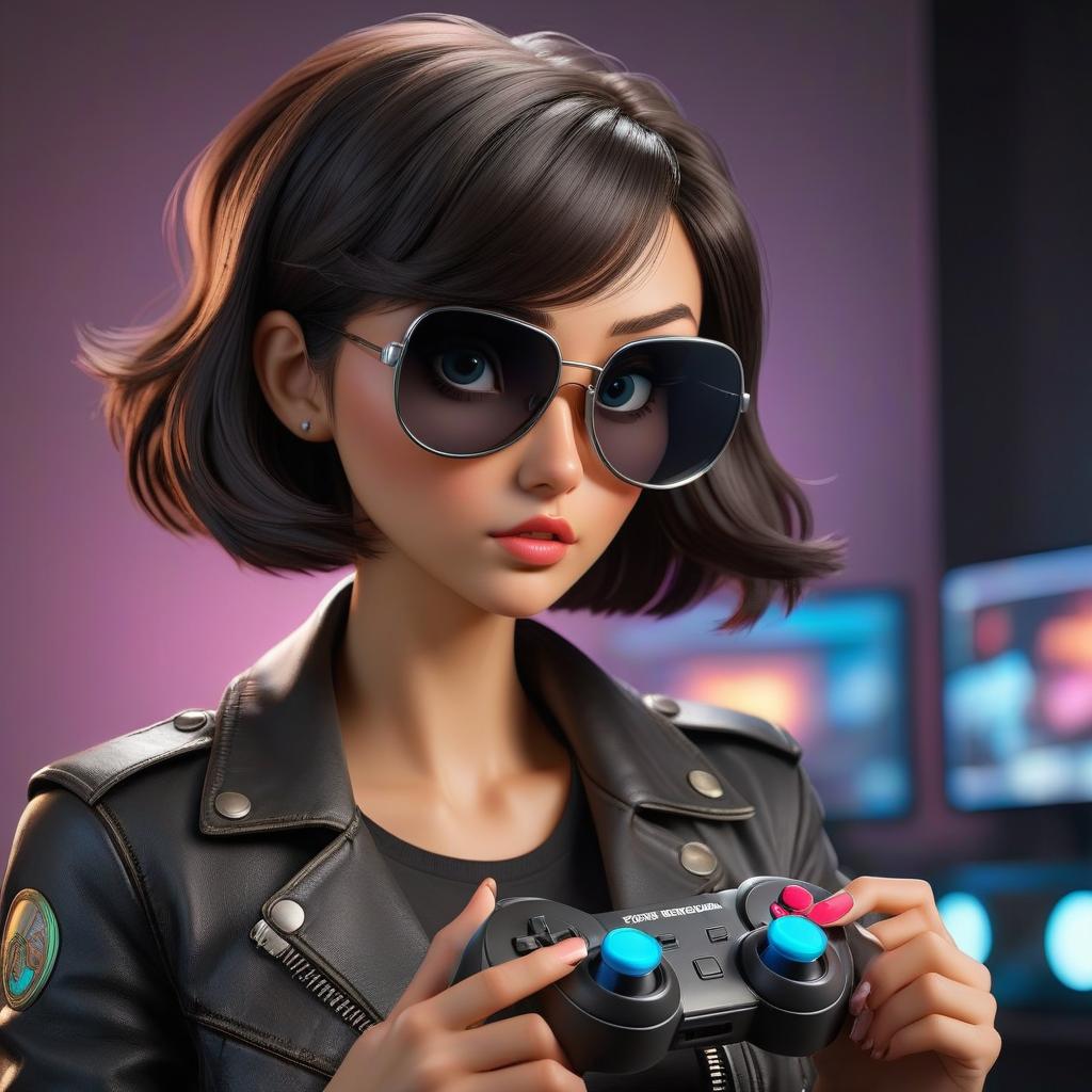  A girl with dark hair, a bob hairstyle, wearing a black top and denim shorts in a black leather jacket, VR glasses on her face, holding a game controller from the console, direct view, fluorescent lighting. hyperrealistic, full body, detailed clothing, highly detailed, cinematic lighting, stunningly beautiful, intricate, sharp focus, f/1. 8, 85mm, (centered image composition), (professionally color graded), ((bright soft diffused light)), volumetric fog, trending on instagram, trending on tumblr, HDR 4K, 8K