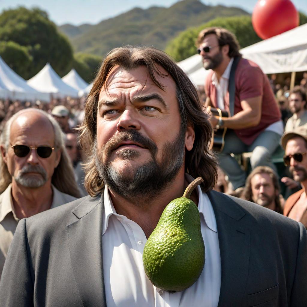  Create an image of actor and musician Jack Black looking like a homeless, toothless clown puppet at an avocado festival, with Joe Biden pulling the strings. The image should be visually striking and convey a sense of satire and irony. hyperrealistic, full body, detailed clothing, highly detailed, cinematic lighting, stunningly beautiful, intricate, sharp focus, f/1. 8, 85mm, (centered image composition), (professionally color graded), ((bright soft diffused light)), volumetric fog, trending on instagram, trending on tumblr, HDR 4K, 8K