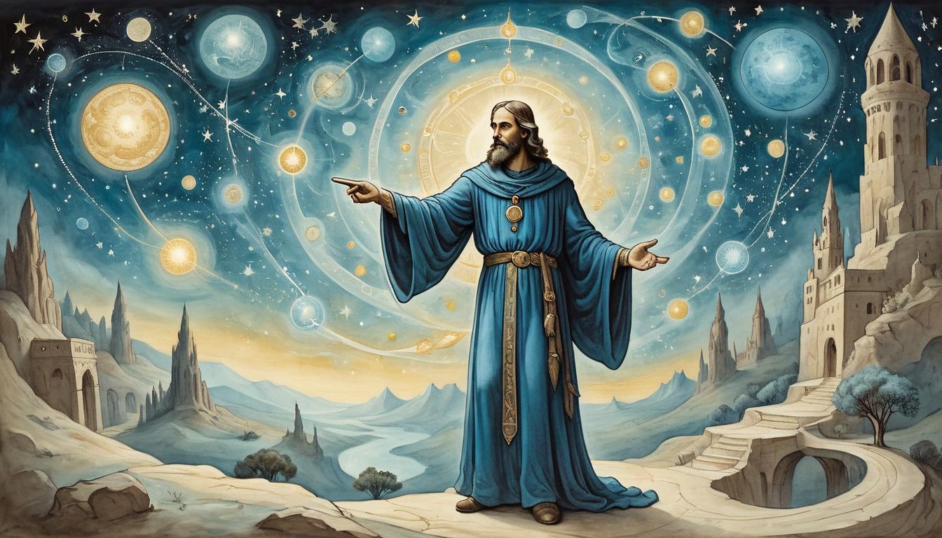  on parchment, surrealism+++, An ethereal figure pointing towards a celestial path lined with glowing orbs, figure in flowing robes, starry background, cosmic guide, aspiration, enlightenment(mysterious, provocative, symbolic,muted color)+++