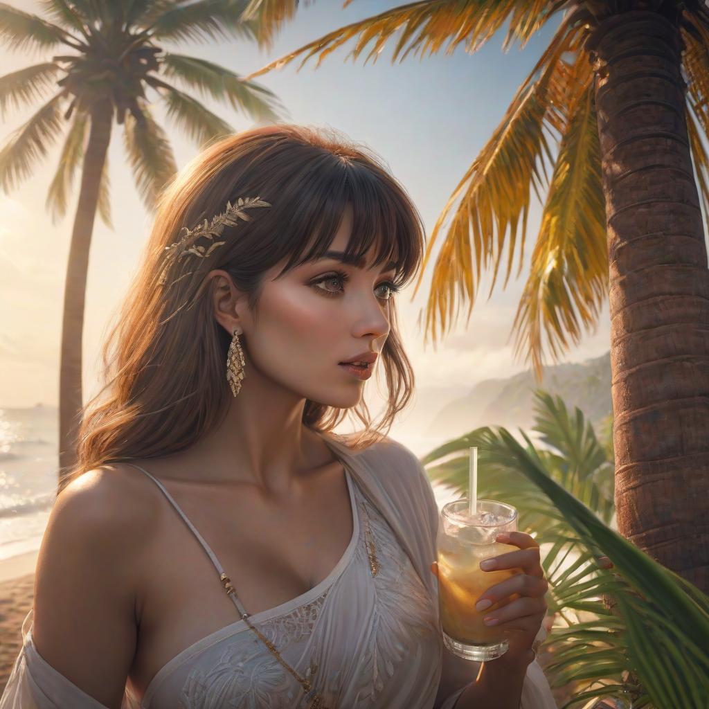  a woman leans against a palm tree and drinks from a coconut hyperrealistic, full body, detailed clothing, highly detailed, cinematic lighting, stunningly beautiful, intricate, sharp focus, f/1. 8, 85mm, (centered image composition), (professionally color graded), ((bright soft diffused light)), volumetric fog, trending on instagram, trending on tumblr, HDR 4K, 8K