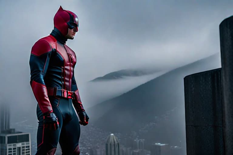  Daredevil stood high, behind him, looking down. hyperrealistic, full body, detailed clothing, highly detailed, cinematic lighting, stunningly beautiful, intricate, sharp focus, f/1. 8, 85mm, (centered image composition), (professionally color graded), ((bright soft diffused light)), volumetric fog, trending on instagram, trending on tumblr, HDR 4K, 8K