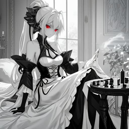  A witch with shoulder length white hair and red eyes sitting playing chess in the living room of a mansion, dressed in a house dress, her hair is pulled into a low ponytail with strands released on her face, small clumps of smoke around her are curses, one of these clumps of curses is sitting on the table in front of her and playing chess with her, Sketch, Manga Sketch, Pencil drawing, Black and White, Manga, Manga style, Low detail, Line art, vector art, Monochromatic, by katsuhiro otomo and masamune shirow and studio ghilibi and yukito kishiro hyperrealistic, full body, detailed clothing, highly detailed, cinematic lighting, stunningly beautiful, intricate, sharp focus, f/1. 8, 85mm, (centered image composition), (professionally color graded), ((bright soft diffused light)), volumetric fog, trending on instagram, trending on tumblr, HDR 4K, 8K