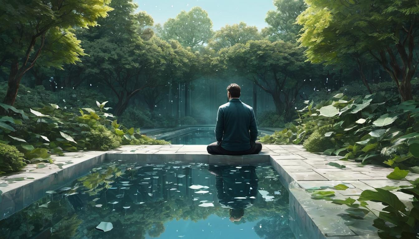  digital illustration, 1man, looking into a clear, reflective pool, shattered mirror nearby, dissolving masks around, peaceful surroundings, garden, self discovery, clarity, authenticity, looking at viewer, dynamic pose, (intricate details, masterpiece, best quality)