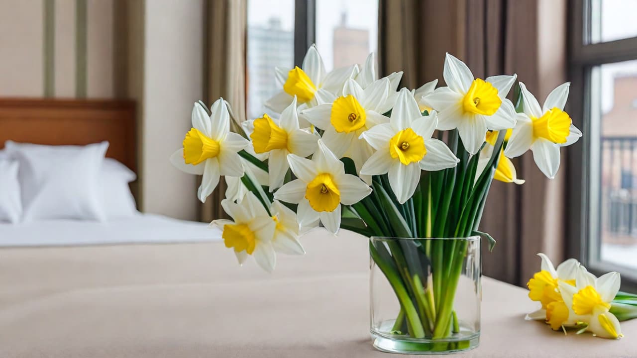  best quality, HD, bouquet of white yellow daffodils in a small vase, hotel room background with copy space