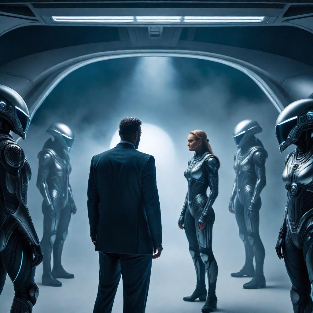  A futuristic and mysterious image depicting humans living under the control of aliens from behind a secret curtain hyperrealistic, full body, detailed clothing, highly detailed, cinematic lighting, stunningly beautiful, intricate, sharp focus, f/1. 8, 85mm, (centered image composition), (professionally color graded), ((bright soft diffused light)), volumetric fog, trending on instagram, trending on tumblr, HDR 4K, 8K