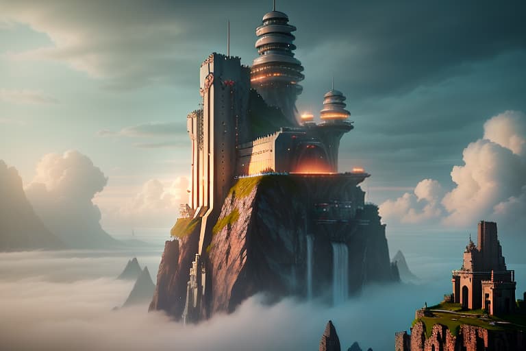  (character focus:1.1), Dilapidated fortress, detailed background, (<lora:PunkBundleAI:0.4>, valvepunkai, retro futuristic theme:1.1), (cloud city:1.1), utopian cloudtop sky city, floating platforms, floating buildings, tower, railing, clouds in background, sky waterfall in background, wind blowing, cinematic atmosphere, sunny, it is rainy hyperrealistic, full body, detailed clothing, highly detailed, cinematic lighting, stunningly beautiful, intricate, sharp focus, f/1. 8, 85mm, (centered image composition), (professionally color graded), ((bright soft diffused light)), volumetric fog, trending on instagram, trending on tumblr, HDR 4K, 8K