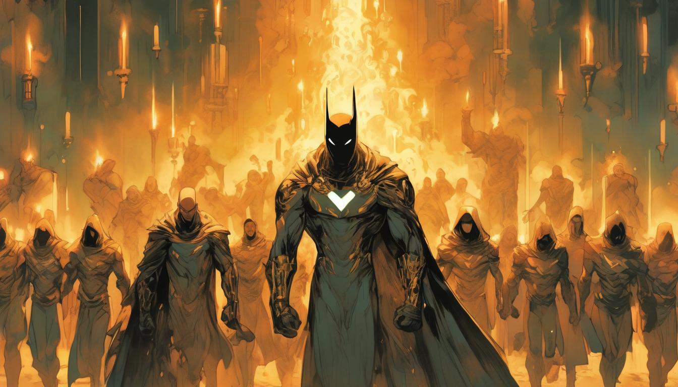  hyperrealism,fantasy aestheticA figure leading a procession, path illuminated by candles, figures behind looking inspired, diverse group, path leading forward, exemplar, pioneering, high tech clothing clad in sleek, futuristic costume with metallic accents and form fitting designs, marvel superhero comics style, unreal engine rendering