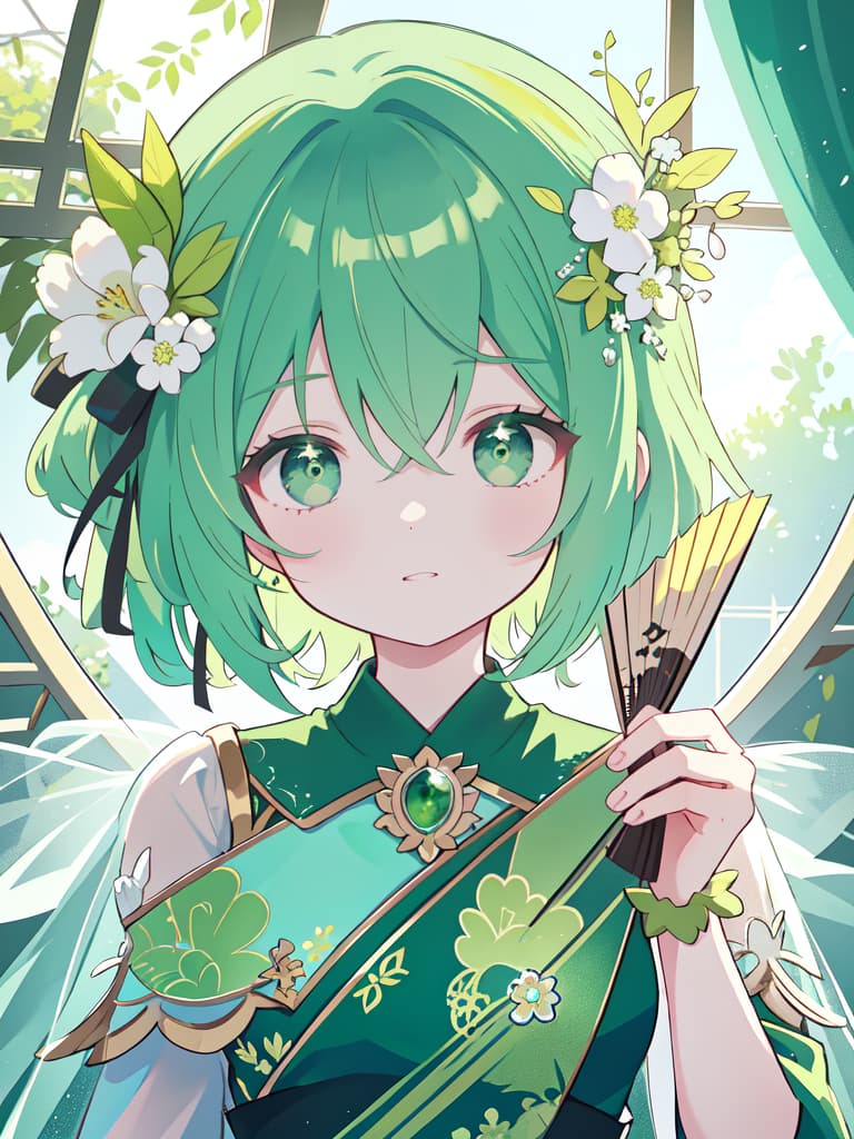  Green hair character on a fan, masterpiece, best quality,8k,ultra detailed,high resolution,an extremely delicate and beautiful,hyper detail