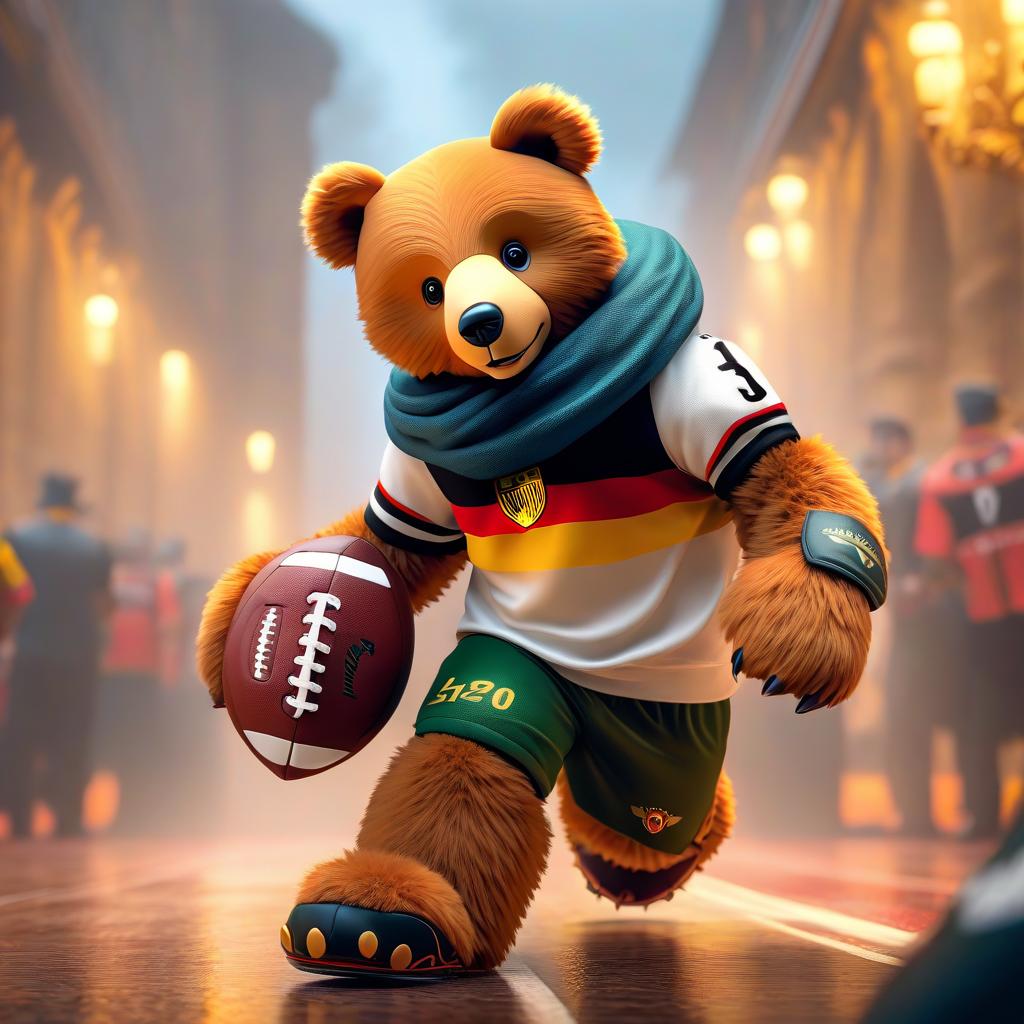  ethereal fantasy concept art of (Mascot):teddy bear, soft toy, football, game, mascot. (Appearance):dressed in a football uniform in the colours of the German national flag. In his paws holds a football. (Style:fantasy, cartoon) . magnificent, celestial, ethereal, painterly, epic, majestic, magical, fantasy art, cover art, dreamy, hkmagic hyperrealistic, full body, detailed clothing, highly detailed, cinematic lighting, stunningly beautiful, intricate, sharp focus, f/1. 8, 85mm, (centered image composition), (professionally color graded), ((bright soft diffused light)), volumetric fog, trending on instagram, trending on tumblr, HDR 4K, 8K