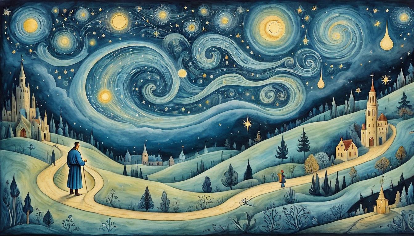  on parchment, surrealism+++, Figure choosing pathways, glowing trails, starry night, ethereal glow, various decision points, hopeful energy(mysterious, provocative, symbolic,muted color)+++