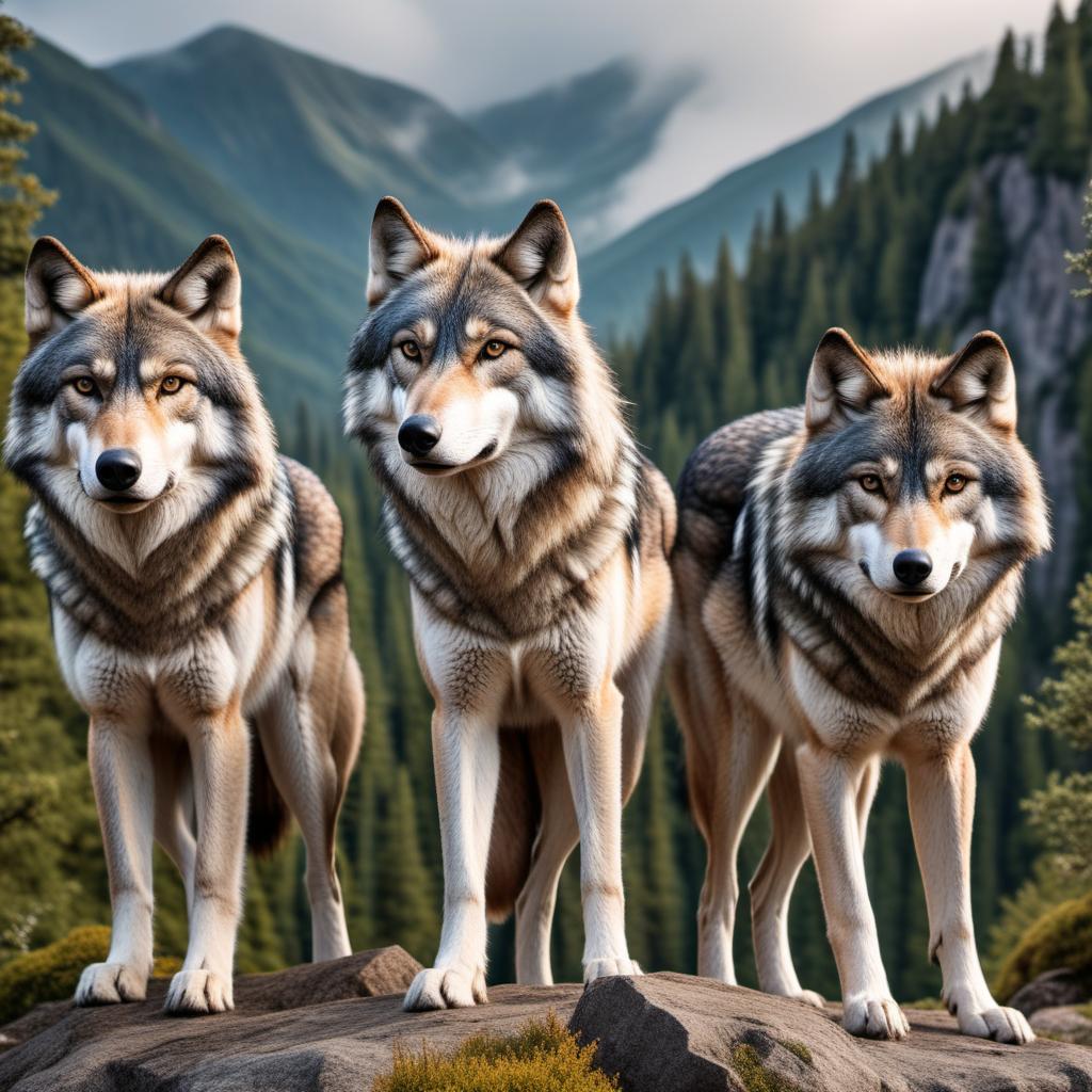  A hyper-realistic photo showing three powerful wolves symbolizing the powers of three and Odinism, set against majestic mountains. In the foreground, a married couple is shown hiking up the mountain, capturing a moment of adventure and unity. The scenery should be awe-inspiring with detailed textures, lush greenery, and a sense of nature's grandeur. hyperrealistic, full body, detailed clothing, highly detailed, cinematic lighting, stunningly beautiful, intricate, sharp focus, f/1. 8, 85mm, (centered image composition), (professionally color graded), ((bright soft diffused light)), volumetric fog, trending on instagram, trending on tumblr, HDR 4K, 8K