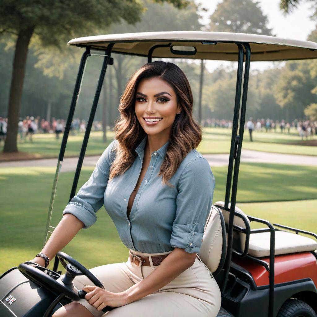  A picture of a ska girl with a side cut hairstyle, driving a golf cart on a college campus with a joyful expression. hyperrealistic, full body, detailed clothing, highly detailed, cinematic lighting, stunningly beautiful, intricate, sharp focus, f/1. 8, 85mm, (centered image composition), (professionally color graded), ((bright soft diffused light)), volumetric fog, trending on instagram, trending on tumblr, HDR 4K, 8K