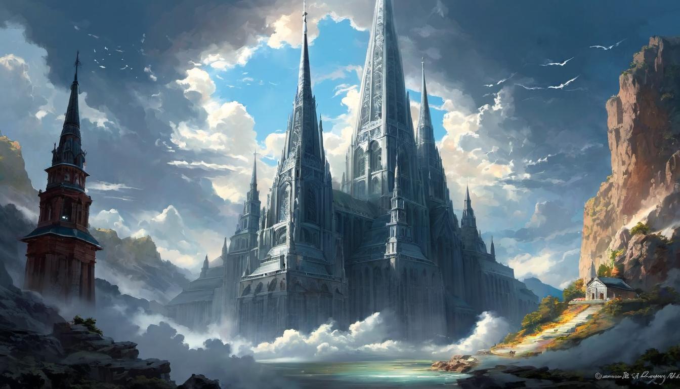  digital painting of A towering spire reaching towards the heavens, clouds parting as if acknowledging, endless horizon, human ambition, sublime yet fragile structure, ethereal light looking at viewer, dynamic pose, (intricate details, masterpiece, best quality)