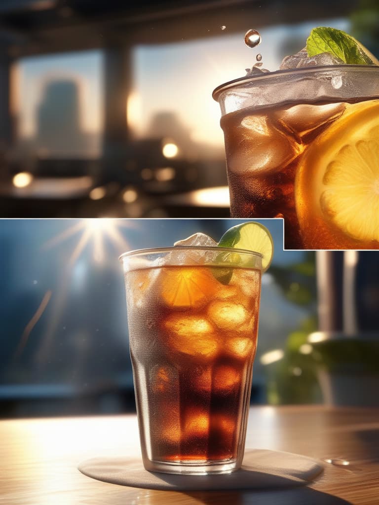  (((no human))),One gl cup on the desk,gl cup with ice and cold coke,water drops on the gl cup,popping soda,very tasty looking,(sun light,sun beam),, masterpiece, best quality,8k,ultra detailed,high resolution,an extremely delicate and beautiful,hyper detail