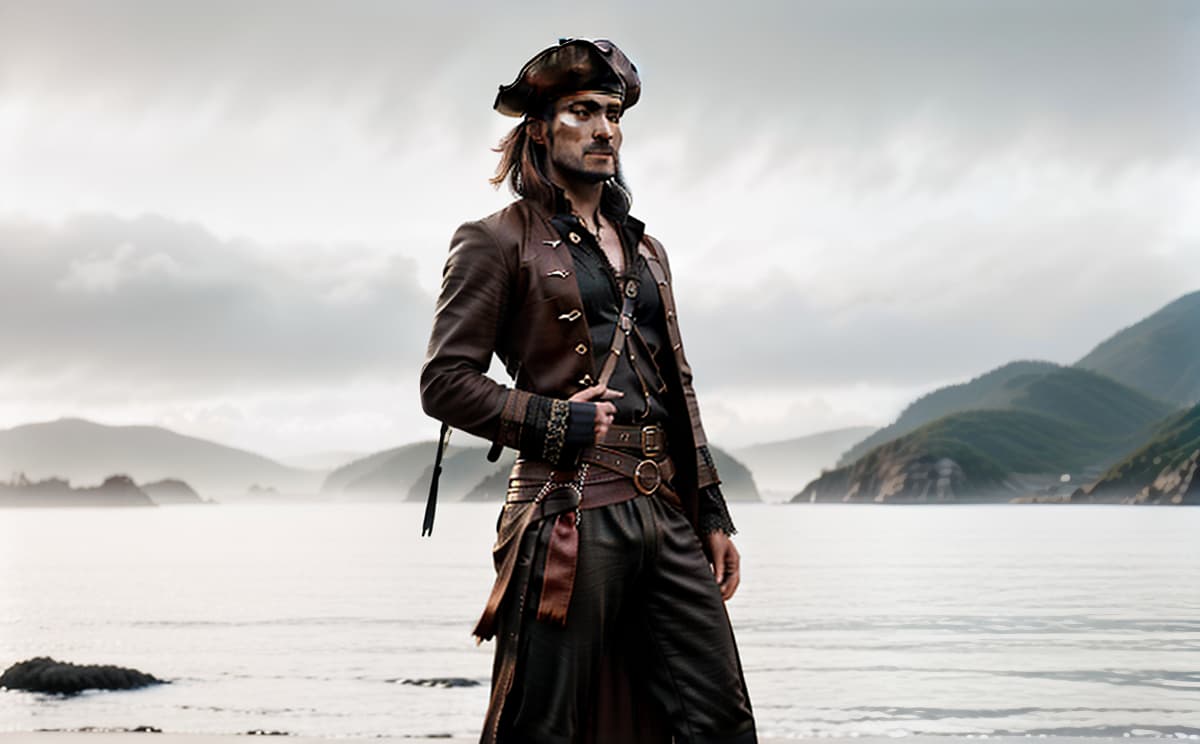  pirate male hyperrealistic, full body, detailed clothing, highly detailed, cinematic lighting, stunningly beautiful, intricate, sharp focus, f/1. 8, 85mm, (centered image composition), (professionally color graded), ((bright soft diffused light)), volumetric fog, trending on instagram, trending on tumblr, HDR 4K, 8K