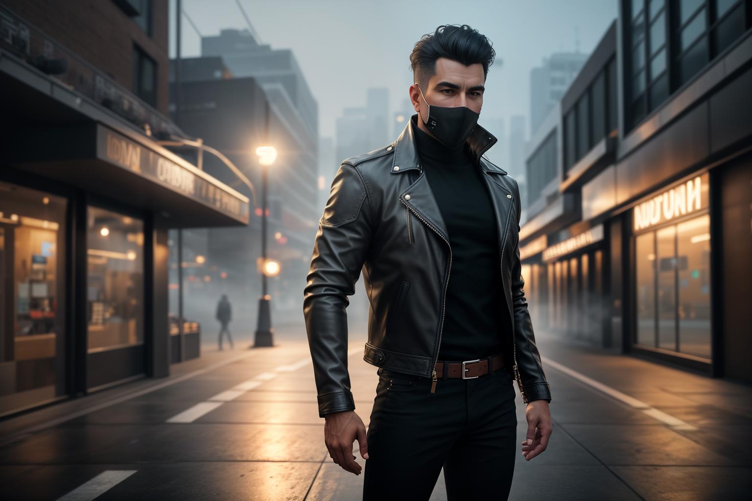  "Closeup of a stylish, well groomed man wearing a trendy, discounted leather jacket, standing against a minimalist, blurred urban background. The jacket's texture and details are sharply focused, highlighting its quality and design. The lighting is natural, with a slight golden hour glow to add warmth and appeal. The mood is modern and sophisticated, with high quality, realistic details. Style modifiers: ultra realistic, high definition, cinematic lighting, professional photography. Quality modifiers: 8k resolution, photorealistic, depth of field, sharp focus on the jacket."Ensure no face,leg,hand or eye defomities.Ensure all images are clear, detailed, contains no text and no deformities. realistic, highly detailed, photorealistic, cinemat hyperrealistic, full body, detailed clothing, highly detailed, cinematic lighting, stunningly beautiful, intricate, sharp focus, f/1. 8, 85mm, (centered image composition), (professionally color graded), ((bright soft diffused light)), volumetric fog, trending on instagram, trending on tumblr, HDR 4K, 8K