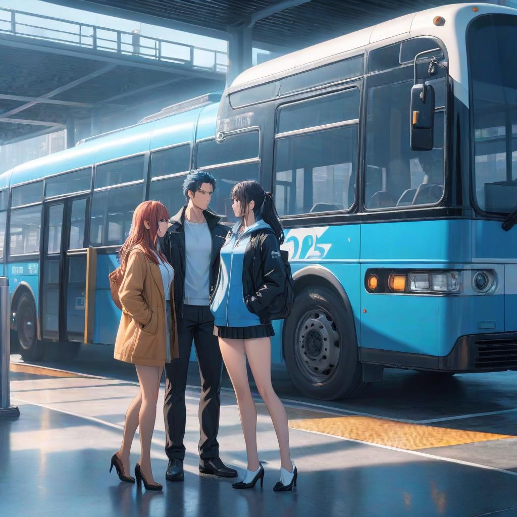  a man and a woman standing in front of a bus, a picture, pixiv, conceptual art, wallpaper anime blue water, very beautiful photo, bus station, serene illustration hyperrealistic, full body, detailed clothing, highly detailed, cinematic lighting, stunningly beautiful, intricate, sharp focus, f/1. 8, 85mm, (centered image composition), (professionally color graded), ((bright soft diffused light)), volumetric fog, trending on instagram, trending on tumblr, HDR 4K, 8K