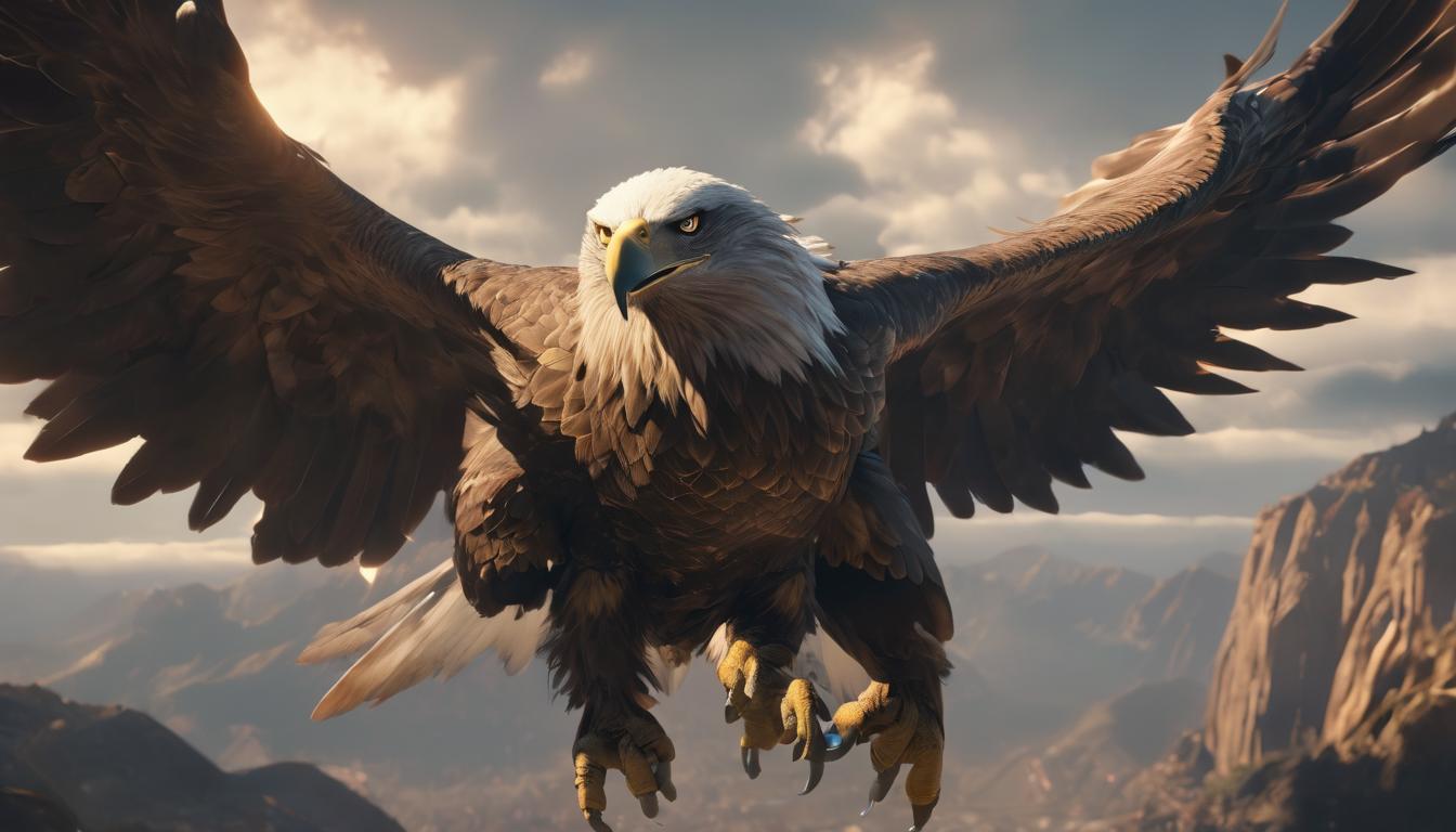  hyperrealism,fantasy aestheticA majestic eagle in flight, wings spread wide, eyes focused and piercing, mountains below in the distance, symbol of keen vision, freedom, high tech clothing clad in sleek, futuristic costume with metallic accents and form fitting designs, marvel superhero comics style, unreal engine rendering