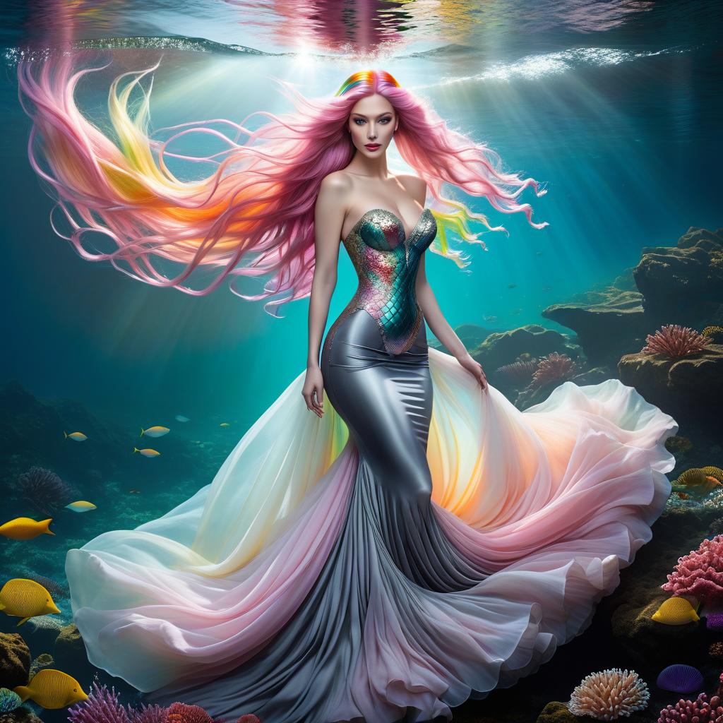  dreamscape A mermaid swims to the surface, pale white skin, large dark gray eyes, a rainbow tail, long pinkish hair, and a large dress. . surreal, ethereal, dreamy, mysterious, fantasy, highly detailed, oil painting, hkmagic hyperrealistic, full body, detailed clothing, highly detailed, cinematic lighting, stunningly beautiful, intricate, sharp focus, f/1. 8, 85mm, (centered image composition), (professionally color graded), ((bright soft diffused light)), volumetric fog, trending on instagram, trending on tumblr, HDR 4K, 8K