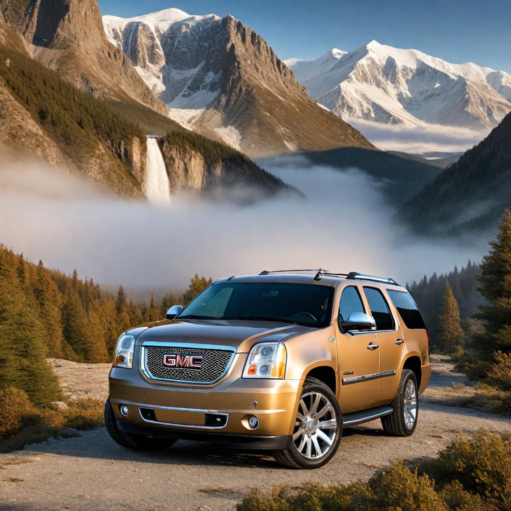  2008 GMC Yukon Denali in gold/brown color, parked in a scenic location with a mountainous background, under a clear blue sky hyperrealistic, full body, detailed clothing, highly detailed, cinematic lighting, stunningly beautiful, intricate, sharp focus, f/1. 8, 85mm, (centered image composition), (professionally color graded), ((bright soft diffused light)), volumetric fog, trending on instagram, trending on tumblr, HDR 4K, 8K