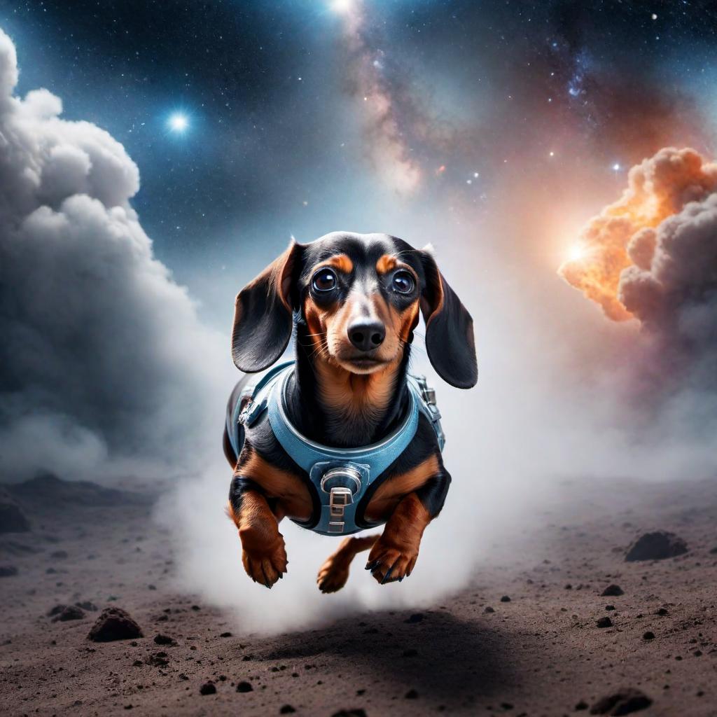  A dachshund dog flying through space hyperrealistic, full body, detailed clothing, highly detailed, cinematic lighting, stunningly beautiful, intricate, sharp focus, f/1. 8, 85mm, (centered image composition), (professionally color graded), ((bright soft diffused light)), volumetric fog, trending on instagram, trending on tumblr, HDR 4K, 8K