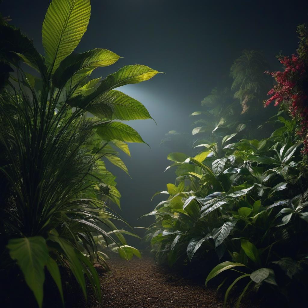  composition of plants with decorative lighting from below at night hyperrealistic, full body, detailed clothing, highly detailed, cinematic lighting, stunningly beautiful, intricate, sharp focus, f/1. 8, 85mm, (centered image composition), (professionally color graded), ((bright soft diffused light)), volumetric fog, trending on instagram, trending on tumblr, HDR 4K, 8K