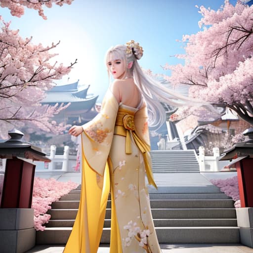  masterpiece, best quality, 1girl, yellow eyes, long hair, white hair, tree, stairs, standing, kimono, sky, cherry blossoms, temple, looking at viewer, upper body, from below, looking back hyperrealistic, full body, detailed clothing, highly detailed, cinematic lighting, stunningly beautiful, intricate, sharp focus, f/1. 8, 85mm, (centered image composition), (professionally color graded), ((bright soft diffused light)), volumetric fog, trending on instagram, trending on tumblr, HDR 4K, 8K