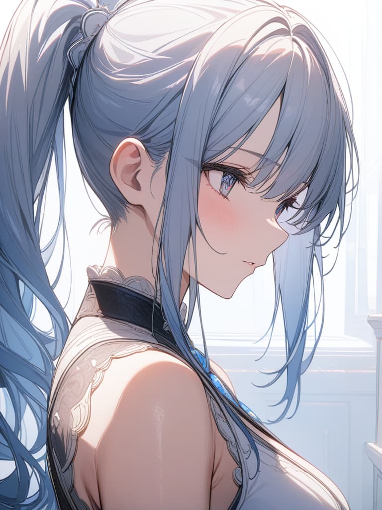  gradient hair,blue hair,white hair,ponytail hair,master piece,best quality,hires,from side,bust shot,1girl,, masterpiece, best quality,8k,ultra detailed,high resolution,an extremely delicate and beautiful,hyper detail