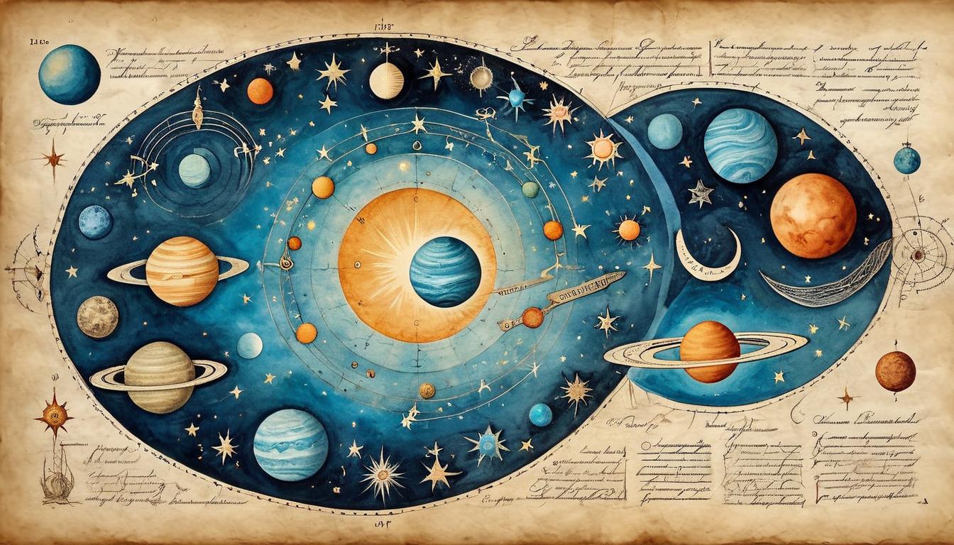  on parchment, surrealism+++, A cosmic alignment, planets and stars in perfect harmony, ethereal pathways connecting them, sense of universal guidance and support(mysterious, provocative, symbolic,muted color)+++