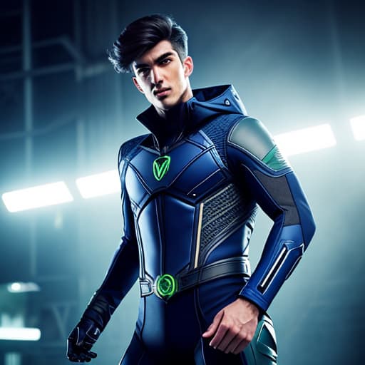  image of a 18 boy wearing thigt a dark blue secret agent costume with green strips and howling wolf design hyperrealistic, full body, detailed clothing, highly detailed, cinematic lighting, stunningly beautiful, intricate, sharp focus, f/1. 8, 85mm, (centered image composition), (professionally color graded), ((bright soft diffused light)), volumetric fog, trending on instagram, trending on tumblr, HDR 4K, 8K