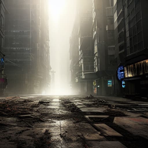  dark futuristic scenery, atmospheric fog, moonlight, futuristic city,dirty busy streets with open shops, trash on street, run down buildings, (postapocalyptic city:1.3) hyperrealistic, full body, detailed clothing, highly detailed, cinematic lighting, stunningly beautiful, intricate, sharp focus, f/1. 8, 85mm, (centered image composition), (professionally color graded), ((bright soft diffused light)), volumetric fog, trending on instagram, trending on tumblr, HDR 4K, 8K